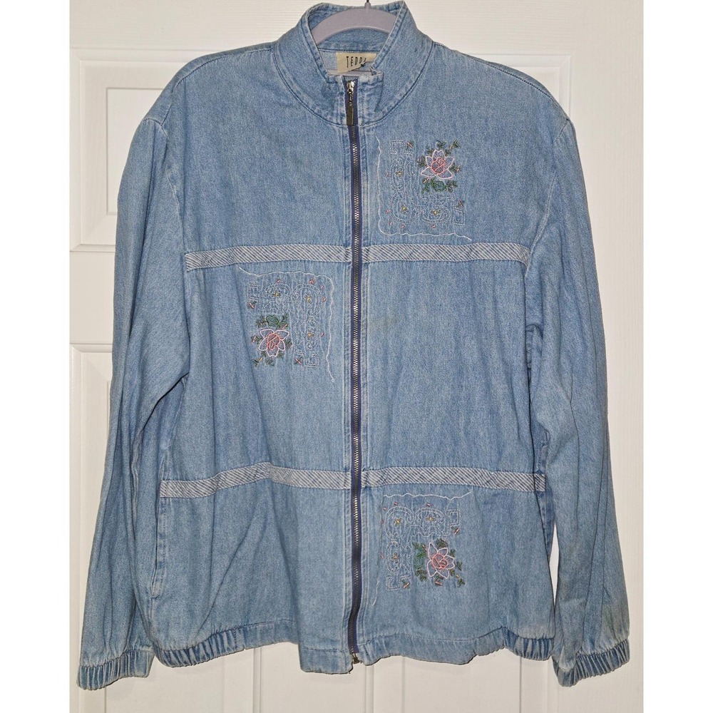 Teddi Denim Jean Jacket Floral Embroidered Light Wash Vintage 90s Seems a Medium